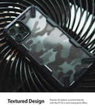 iPhone 11 Pro Max Case | Fusion-X Design - Black camouflage phone case with a textured, semi-transparent back on a fan.