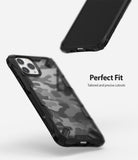 iPhone 11 Pro Max Case | Fusion-X Design - Black camo phone case with precise cutouts shown from front and back angles.