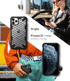 iPhone 11 Pro Max Case | Fusion-X Design - Black striped protective phone case shown from front and back on a person.