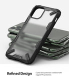 iPhone 11 Pro Max Case | Fusion-X Matte - Rugged black matte phone case resting on a stack of green smartphones.