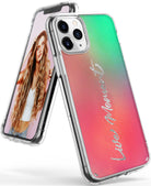 iPhone 11 Pro Max Case | Fusion Design - Clear phone case with pink-to-green gradient and silver Live Moment text.