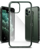iPhone 11 Pro Max Case | Fusion - Clear phone case with pine green edges shown from front, back, and side angles.