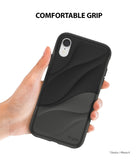 iPhone XR Case | Wave - A hand holding a black phone case with a textured, wavy design and the Ringke logo on the back.