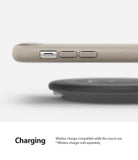 iPhone XR Case | Air-S - Sand stone iPhone XR case hovering above a black wireless charging pad.