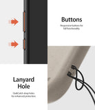 iPhone XR Case | Air-S - Close-up of responsive phone buttons and a lanyard hole with a strap attached to the textured case.