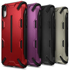 iPhone XR Case | Dual-X [DX] - Four rugged, angular iPhone XR cases in red, purple, black, and beige lined up against a white background.
