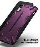 iPhone XR Case | Dual-X [DX] - Metallic purple dual-layered protective phone case with black textured accents and camera cutout.