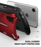 iPhone XR Case | Dual-X [DX] - Exploded view of a red PC and black TPU dual-layer protective case for an iPhone XR.