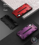 iPhone XR Case | Dual-X [DX] - Red, black, and purple rugged protective cases for iPhone XR displayed on geometric platforms.