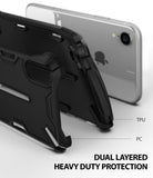 iPhone XR Case | Dual-X [DX] - Exploded view of a black dual-layered phone case with TPU and PC components near an iPhone XR.