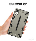 iPhone XR Case | Dual-X [DX] - Hand holding a grey and black rugged protective phone case with a textured grip design.