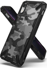 iPhone XR Case | Fusion-X - Black camouflage patterned protective phone case with a rugged bumper and ribbed back texture.