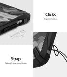 iPhone XR Case | Fusion-X - Close-up of responsive buttons and Quikcatch strap access on a black camouflage phone case.