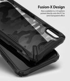 iPhone XR Case | Fusion-X - Black camo patterned phone case with a semi-transparent design and reinforced protective edges.