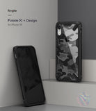 iPhone XR Case | Fusion-X - Black camouflage protective phone case with rugged edges shown from front and back angles.