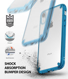 iPhone XR Case | Fusion - Clear iPhone XR case with aqua blue bumper, showing drop protection and shock absorption features.
