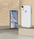 iPhone XR Case | Fusion - Clear protective phone case shown from front and back angles on a minimalist beige display.