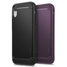iPhone XR Case | Onyx - Two brushed-texture phone cases in black and purple with carbon fiber accents on top and bottom.