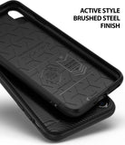 iPhone XR Case | Onyx - Black phone case interior with geometric patterns and military-grade drop protection branding.