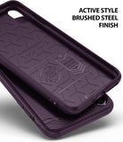 iPhone XR Case | Onyx - Purple phone case interior with geometric patterns, military-grade text, and brushed steel exterior.