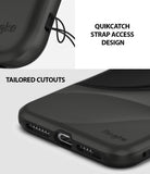 iPhone XR Case | Wave - Close-up of black phone case showing QuikCatch strap hole and precise speaker and charging port cutouts.