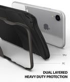 iPhone XR Case | Wave - Exploded view of dual-layered TPU and PC protective case components behind a silver iPhone XR.