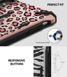 iPhone XS Case | Dual-X Design - Close-up of leopard print phone case showing tactile buttons and responsive design.