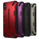 iPhone XS Case | Dual-X [DX] - Four rugged, textured phone cases in red, purple, black, and beige lined up diagonally.