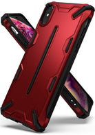 iPhone XS Case | Dual-X [DX] - Rugged red and black protective phone case with a textured, geometric design.