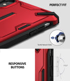 iPhone XS Case | Dual-X [DX] - Red and black phone case showing tactile button design and responsive click mechanism.