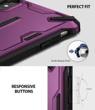 iPhone XS Case | Dual-X [DX] - Metallic purple phone case showing tactile button design and responsive click mechanics.