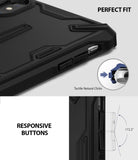iPhone XS Case | Dual-X [DX] - Close-up of black phone case showing tactile buttons and a diagram of the responsive button design.