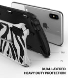 iPhone XS Max Case | Dual-X Design - Exploded view of a zebra-print phone case showing black TPU and white PC layers.
