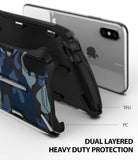 iPhone XS Max Case | Dual-X Design - Exploded view of blue camo phone case showing TPU and PC layers with an iPhone XS Max.