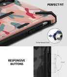 iPhone XS Max Case | Dual-X Design - Pink camo phone case showing tactile button detail and responsive button angle.