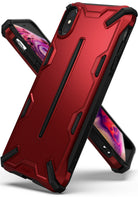 iPhone XS Max Case | Dual-X [DX] - Rugged red and black protective phone case with geometric accents and Ringke branding.