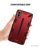 iPhone XS Max Case | Dual-X [DX] - Hand holding a red and black rugged phone case with text Comfortable Grip above.