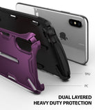 iPhone XS Max Case | Dual-X [DX] - Exploded view of a purple PC and black TPU dual-layer protective phone case.