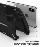 iPhone XS Max Case | Dual-X [DX] - Exploded view of a black dual-layered phone case with TPU and PC components near an iPhone.