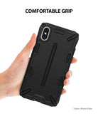 iPhone XS Max Case | Dual-X [DX] - A hand holding a black, rugged-textured phone case with geometric accents and a Ringke logo.