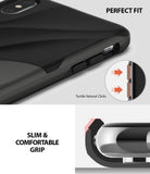 iPhone XS Max Case | Wave - Close-up of black phone case showing tactile buttons, slim profile, and precise fit.