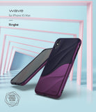 iPhone XS Max Case | Wave - Metallic purple and dark blue wave-patterned phone case against a light blue architectural background.