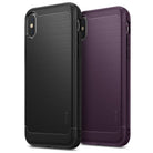 iPhone XS Case | Onyx - Two brushed-texture smartphone cases in black and dark purple with reinforced carbon fiber corners.