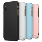 iPhone XS Case | Slim - Four slim iPhone XS cases in black, white, blue, and pink standing in a row.