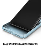 iPhone XS Case | Slim - A smartphone being inserted into a light blue, one-piece slim protective case.