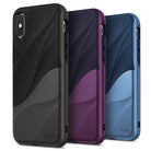 iPhone XS Case | Wave - Three iPhone XS cases in black, purple, and blue with a textured, wavy design and Ringke branding.