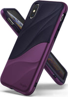 iPhone XS Case | Wave - Metallic purple and dark navy phone case with a textured, wavy design and Ringke branding.