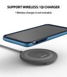 iPhone XS Case | Wave - Blue iPhone XS in a protective case hovering above a circular wireless charging pad.