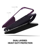 iPhone XS Case | Wave - Exploded view of a purple dual-layer phone case showing flexible TPU and hard PC components.