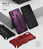 iPhone XS Case | Dual-X [DX] - Purple, red, and black rugged phone cases displayed with an iPhone XS on a stone surface.